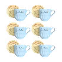 Kit 6 Xícaras Suspiro Porcelana Gratidão Com Pires De Madeira Redondo
