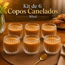 Kit 6 Xicaras Vidro Duplo Canelado Chá Café 90ml Transparente