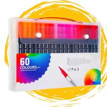 Kit 60 Caneta 2 em 1 Brush Lettering e Ponta Fina Dual Pen Canetinha Colorir Desenho