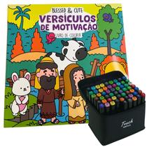 Kit 60 cores de canetinhas Touch pontas duplas com estojo Blessed e Cute LIVRO DE COLORIR VERSÍCULO BÍBLICO DE MOTIÇÃO