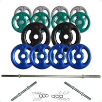 Kit 60 Kg de Anilhas Emborrachadas + 2 Barras Maciças Zincada 40cm e Barra de 150cm