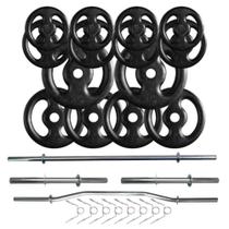 Kit 60 Kg de Anilhas Ferro + 02 Barras de 40cm + Barra W + Barra 120cm