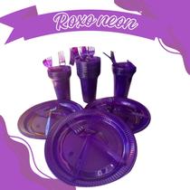 Kit 60 Peça Neon Refeiçao Descartavel Brilha Luz Negra Festa