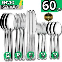 Kit 60 Talheres em Inox Premium 12 Garfo 12 Faca 12 Colher 12 Colher de Sobremesa 12 Garfo Sobremesa