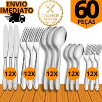 Kit 60 Talheres Inox Premium 12 Garfo 12 Faca 12 Colher 12 Colher de Sobremesa 12 Garfo Sobremesa