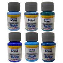 Kit 6x Tintas Para Tecido Tekbond 37ML Tons de Azul