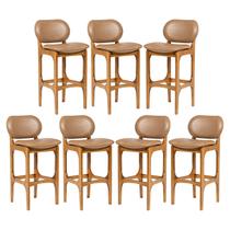 Kit 7 Banquetas Alta Estofada Rafine Madeira Castanho Tecido Impermeável Marrom