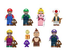 Kit 7 bonecos mario bros luigi peach donkey toad blocos