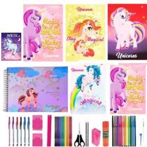 Kit 7 Cadernos Grande Unicórnio Capa Dura Com 40 Materiais
