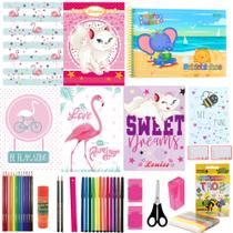 Kit 7 Cadernos Menina Brochura Grande Artes Recado Capa Dura