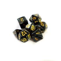 Kit 7 Dados dice Perolado Preto e Dourado - Central - RPG Mesa - Jogo Tabuleiro D4 D6 D8 D10 D12 D20