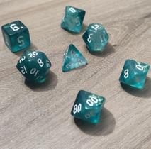 Kit 7 dados rpg de mesa papel ciano translucido d4 d6 d8 d10 d12 d20 d100 d% compativel d&d tormenta