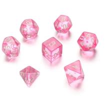 Kit 7 dados rpg de mesa papel rosa translucido d4 d6 d8 d10 d12 d20 d100 d% compativel d&d tormenta fofo bonitinho