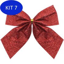 Kit 7 Enfeite Árvore Natal Laço Lacinho Vermelho Glitter