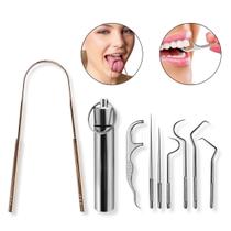 Kit 7 Instrumentos Inox Removedor Tártaro Raspador Língua Higiene Dentes Hálito Saúde Bucal