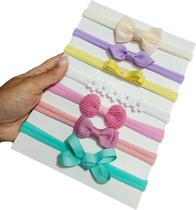 Kit 7 Lacinhos de Bebê na Faixa Meia de Seda Slim Conjunto Infantil para Cabelo de Bebês