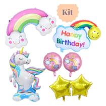 Kit 7 Pçs Aniversário Balões Metalizados Unicórnio Bexiga Arco Íris Nuvem Grande Festa Comemorações Eventos Decoração Enfeite
