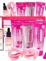 kit 7 pçs dermagem pink Serum rosa mosqueta + sab,gel, esfol bolsinha pincell faixa