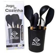 Kit 7 Pçs Utensílios de Cozinha Silicone Cabo Madeira Colors (PRETO)