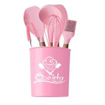 Kit 7 Pçs Utensílios de Cozinha Silicone Cabo Madeira Colors (ROSA)