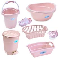 Kit 7 peças banho bebe balde bacia lixeira organizador cesto saboneteira porta algodão
