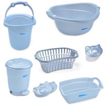Kit 7 peças banho bebe balde bacia lixeira organizador cesto saboneteira porta algodão