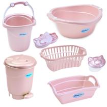 Kit 7 peças banho bebe balde bacia lixeira organizador cesto saboneteira porta algodão