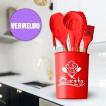 Kit 7 Peças Utensílios De Cozinha Cabo De Madeira Silicone Preto Cinza Vermelho