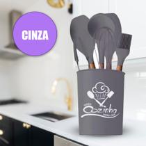 Kit 7 Peças Utensílios De Cozinha Cabo De Madeira Silicone Preto Cinza Vermelho Kit 7 Peças Utensílios De Cozinha Cabo De Madeira Silicone Preto Cinza Vermelho