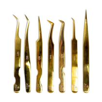 Kit 7 Pinças Para Extensão de Cilios Fio a Fio Volume Russo Cor Dourado