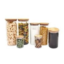 Kit 7 potes de vidro com tampa de bambu herméticos-Oikos