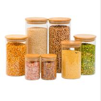 Kit 7 potes de vidro com tampa de bambu herméticos redondos - Tüd Kit 7 potes de vidro com tampa de bambu herméticos redondos - Tüd