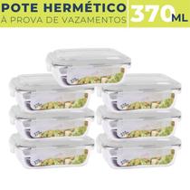Kit 7 Potes de Vidro Hermético Marmita 4 Travas 370 ml Fitness Mantimentos Tampa Alimentos Microondas Retangular Jogo
