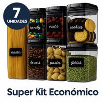 Kit 7 Potes Herméticos p/ Alimentos Secos Super Kit com Tampa Preta, Etiquetas e Caneta Westing by BSMIX