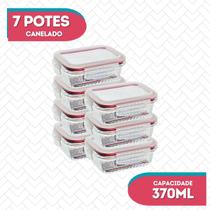 Kit 7 Potes Vidro Hermético Canelado Marmita Fitness 370ml