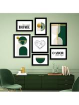Kit 7 Quadros Decorativos Placas Abstrato Geometrico Verde O Amor Mora Aqui