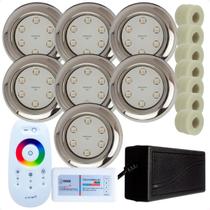 Kit 7 Refletores Led 9w RGB Inox S e Adaptadores Cano 50mm e Comando para Iluminação Piscina