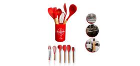 Kit 7 Utensílio Silicone Luxo Coznha Cabo Madeira C/ Suporte Kit 7 Utensílio Silicone Luxo Coznha Cabo Madeira C/ Suporte
