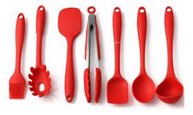 Kit 7 Utensílios Cozinha Silicone Antiaderente Preto Ou Verm Kit 7 Utensílios Cozinha Silicone Antiaderente Preto Ou Verm
