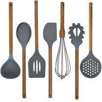 Kit 7 Utensílios Cozinha Silicone Cinza Cabo Madeira Acácia Kit 7 Utensílios Cozinha Silicone Cinza Cabo Madeira Acácia