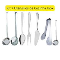 Kit 7 Utensílios de Cozinha de Aço Inox Jogo Conjunto Escumadeira Concha