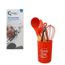 Kit 7 Utensílios de Cozinha de Silicone Cabo Bambu Vermelho Kit 7 Utensílios de Cozinha de Silicone Cabo Bambu Vermelho