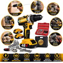 Kit 75 Peças Parafusadeira Furadeira De Impacto Jogo Catraca Reversível Profissional 2 Baterias 48V Com Maleta Chaves De Soquetes Fenda Philips Allen