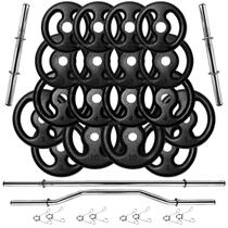 Kit 76Kg Anilhas de Ferro com Barras 40cm e 150cm + Barra W 1,20m