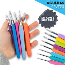 Kit 8 Agulhas de Crochê,Profissional Cabo Soft Ergonômico,Ponta de Alumínio para barabante