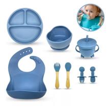 Kit 8 Alimentação Bebê Silicone Prato Babador Copo Tigela Cor Azul Introdução Alimentar infantil