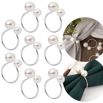 Kit 8 Anel Porta Guardanapo de Tecido Pano Prendedor Argola Pérola Mesa Posta Jantar Prata