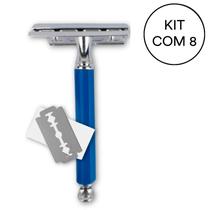 Kit 8 Aparelho De Barbear Aço Inox E Cabo Plástico Azul