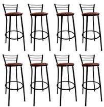 Kit 8 Banquetas Bistrô Aço Pintura Epóxi Preta Assento Marrom