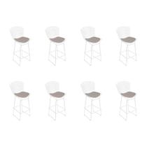 Kit 8 Banquetas Bistrô Bertoia Branca D60 com Assento Bege